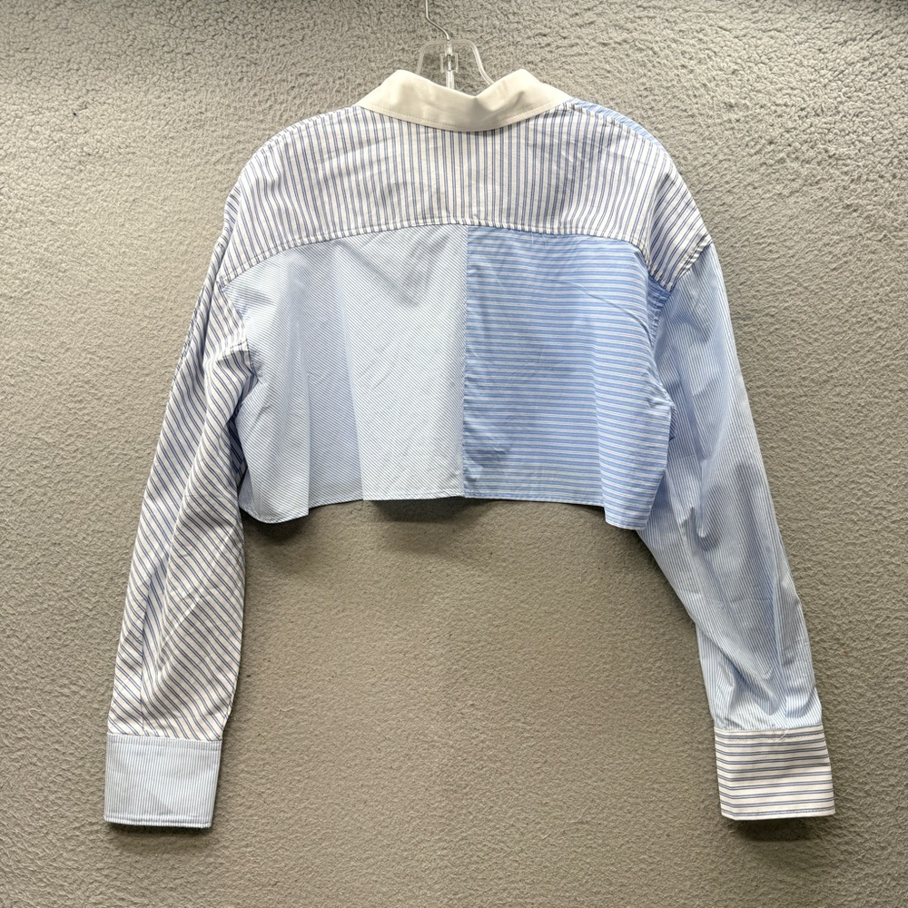 NWT Zara Blue Striped Patchwork Cropped Long Sleeve Button Up Top Shirt Size S - Picture 6 of 12